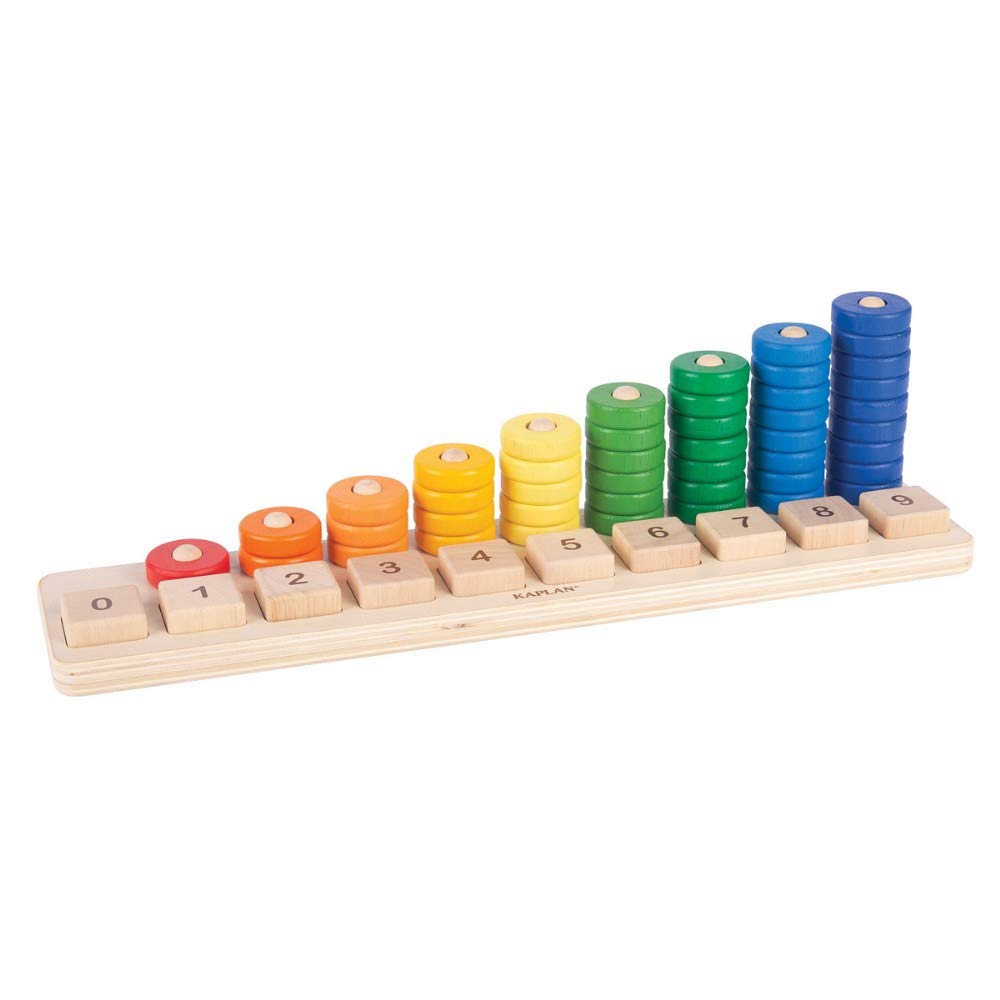 Kaplan Early Learning Natural Wooden Stack and Sort Board with Colorful Counting Discs and Double-Sided Squares with Numbers 1-9