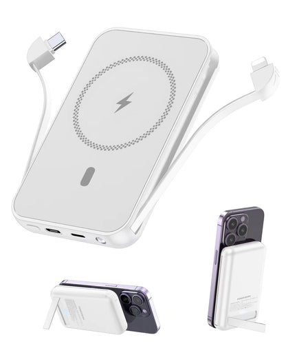 for Magnetic Power Bank, 6800mAh Wireless Portable Charger with PD30W Fast Charging, Battery Pack Built-in 2 Output Cables for iPhone Series(Silver White)