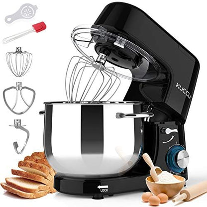 9.5 QT Double Handle KUCCU Stand Mixer, 6 Speed with Pulse Electric Kitchen Mixer, 660W Tilt-Head Food Mixer with Dishwasher-Safe Dough Hook, Flat Beater, Whisk, Splash Guard for home baking (Silver)