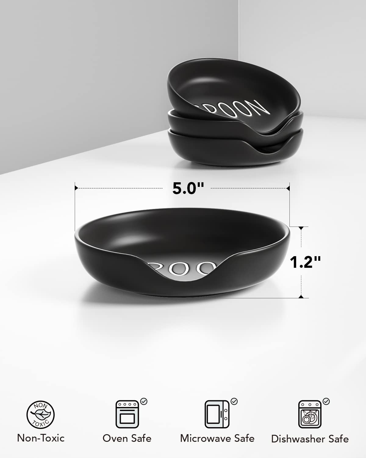 LE TAUCI Ceramic Spoon Rest for Stove Top, 5 Inch Spoon Holder for Kitchen Counter Set of 4, Kitchen Gadgets, Coffee Spoon Cradle, Home Accessories for Utensils, Dishwasher Safe, Black