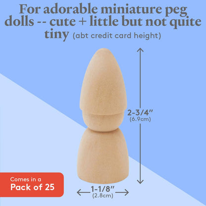 Wood Peg Dolls, 2-3/4 Inch Gnome Shape Wooden Peg People, Pack of 25 Wood Dolls for Play, Strong Birch Wooden People Figures for Crafts