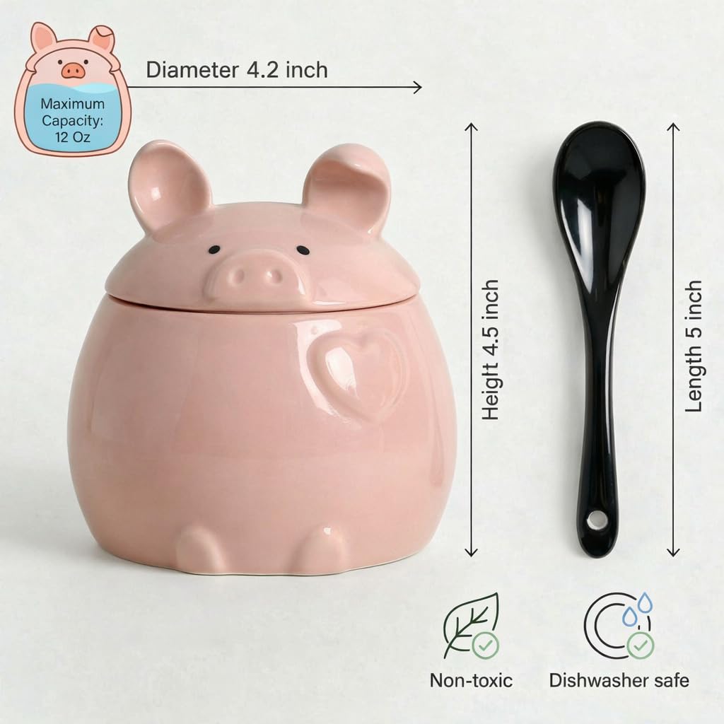WUYIAZHI Pig Shaped Sugar Bowl with Lid and Spoon, Pink Ceramic 12 oz Container for Sugar, Salt, Spices
