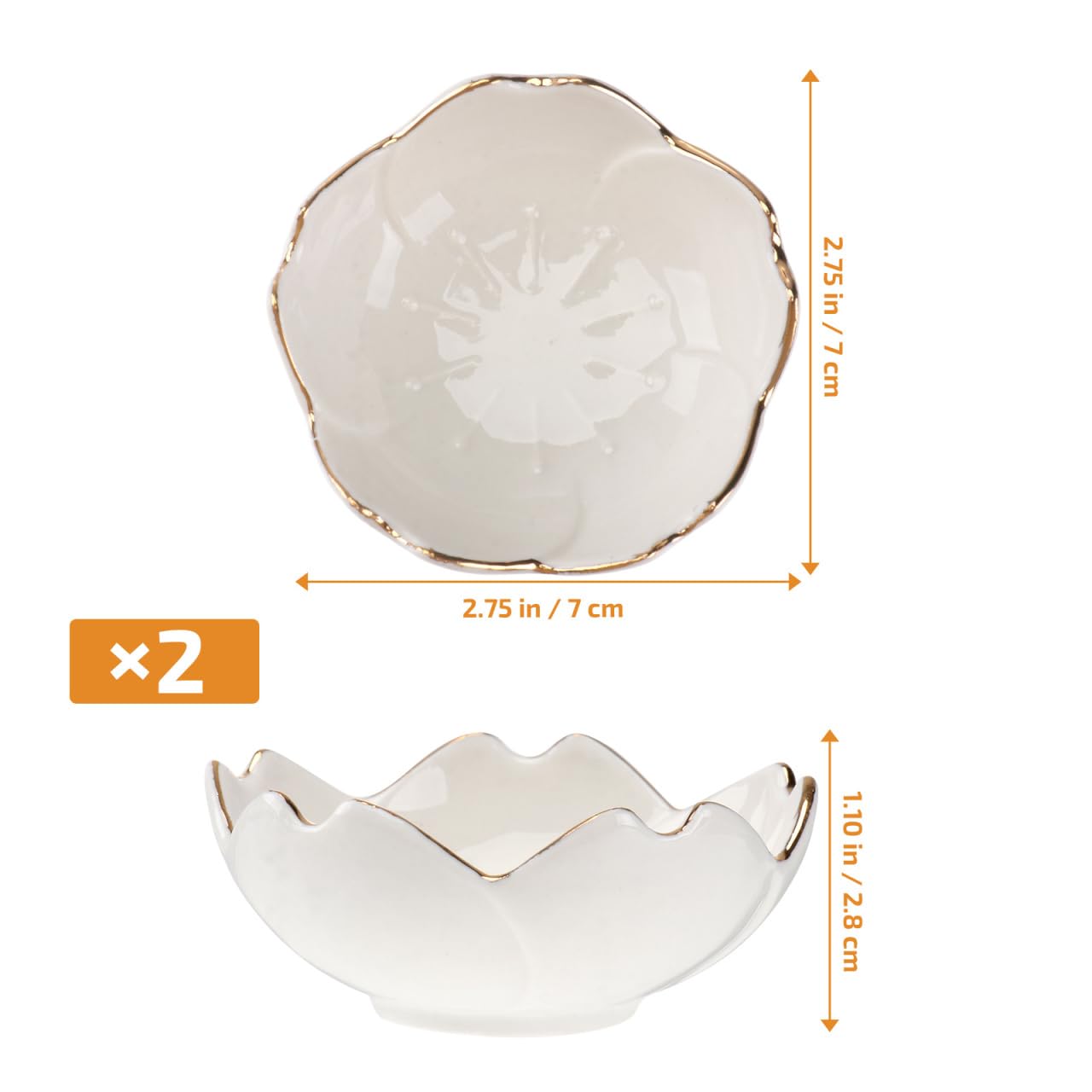 Housoutil Ceramic Cherry Blossom Soy Sauce Dish, 2PCS Dipping Bowls, Soy Sauce Bowls with Gold Trim, 2.75 Inch Dipping Serving Dishes for Appetizer Bbq Dessert Snack Serving （White）