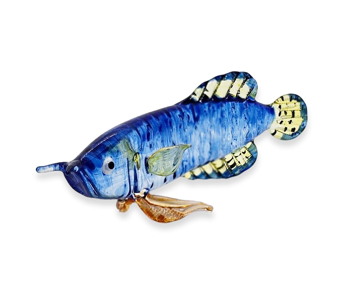 WitnyStore 4" Dark Blue Yellow Arowana Fish Artistic Blown Glass Figurine Premium Hand-Blown Statue Tabletop Decoration Unique Collectible for Adult Collectors Handcrafted Elegant Home Room Decor