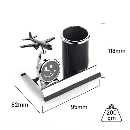 ZAHEPA Airplane Metal Pen Stand With Clock, Stylish Stationary Airplane Desk Clock with Pen Pencil Holder, Elegant Corporate & Aviation Gifts Set, Durable Decorative Showpiece For Office Desk