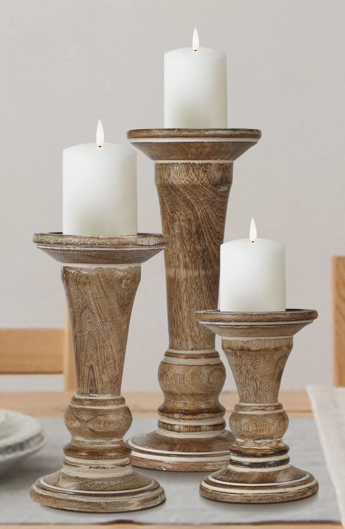 Hand Crafted Decorative Wooden Pillar Candle Holder Stand Siren Shape, Rounded Turned Colums, Country Style Ideal for Gift, Wedding, Christmas, Party, Home, Spa - 10,8,6 Inch Set of 3 - White Wash