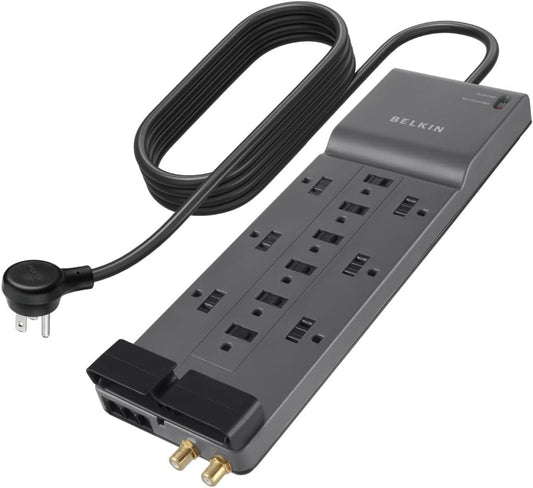 Belkin 12-Outlet Surge Protector Power Strip w/ 12 AC Outlets & 8ft Flat Plug, UL-listed Heavy-Duty Extension Cord for Home, Office, Travel, Computer, Laptop, Charger - 3,940 Joules of Protection