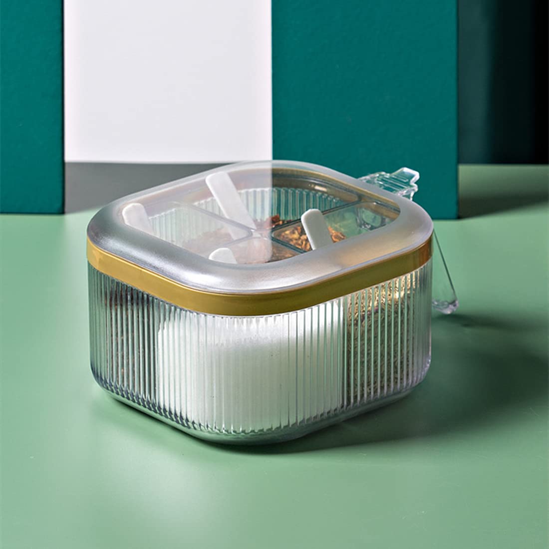 NAN Wind 4 Compartments Seasoning Box With Lid,Clear Seasoning Storage Box Container,Seasoning Box with Cover and Serving Spoons,Kitchen Condiment Jars,Plastic Seasoning Box Set(White)