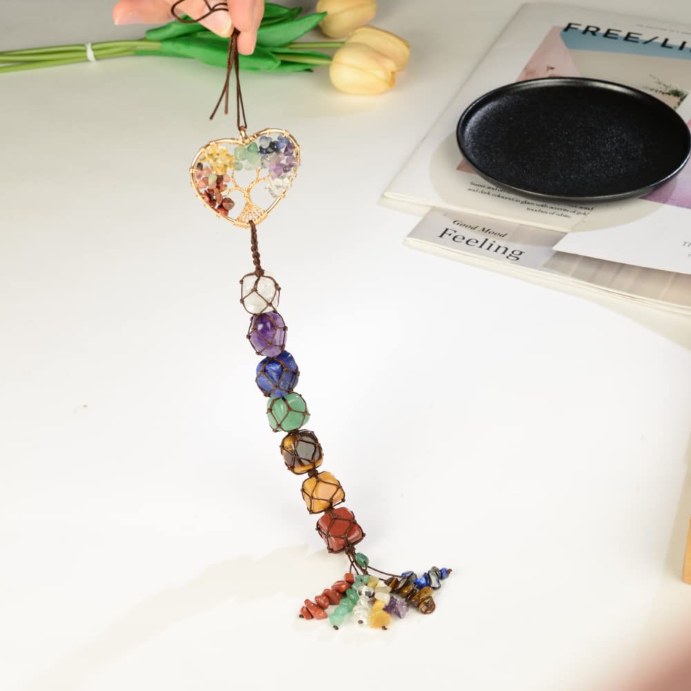 Cute Handmade Crystal Chakra Swinging Hanging Ornaments Mirror Hanging Car Accessories Tree of Life Stone Tree Feng Shui Window Ornament for Home Decor