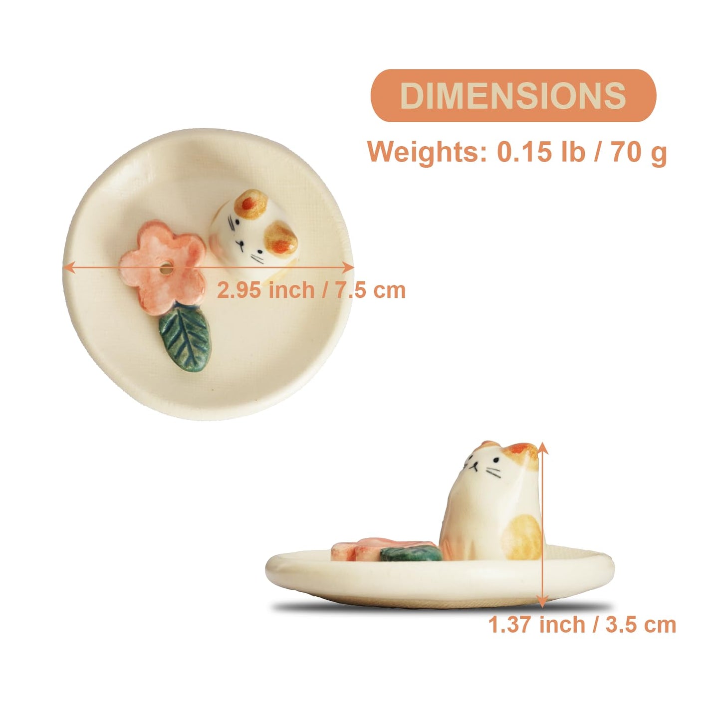 COTONOHA Charming Animal Series Ceramic Incense Holder, Japanese Pottery, Perfect for Relaxation and Concentration, Made in Japan (Small Flower Cat)