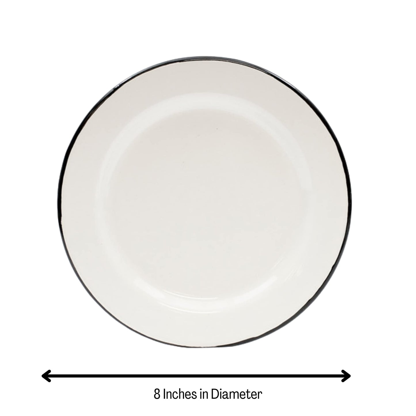 Tablecraft Enamelware Collection Black Rim Solid White Enamel Round Salad Plate, Camping, RV, Farmhouse, Home & Restaurant Use Porcelain Over Steel Reusable, Vintage, Boho, Retro, 8" Dia., Set of 6
