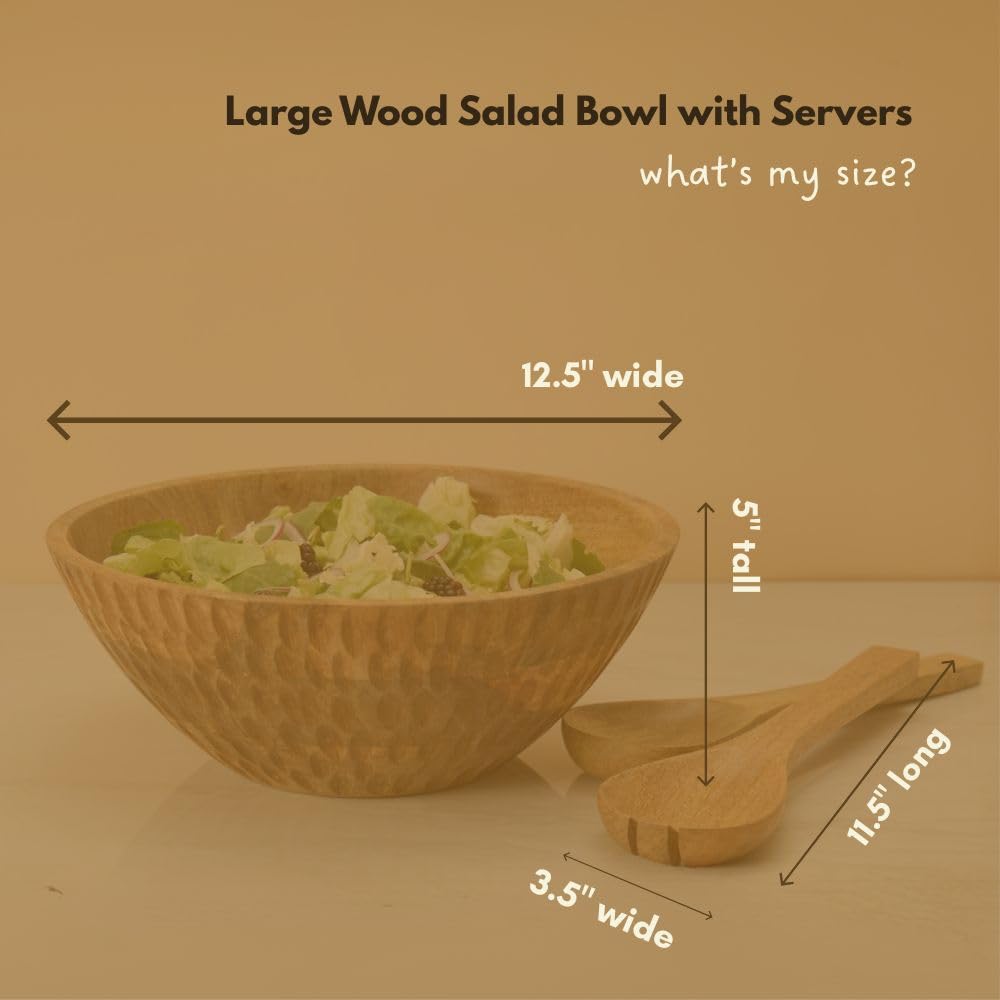 Large Salad Bowl with Servers, Wooden Bowl, Etched Pattern, Beige Brown, 12.5" Wide