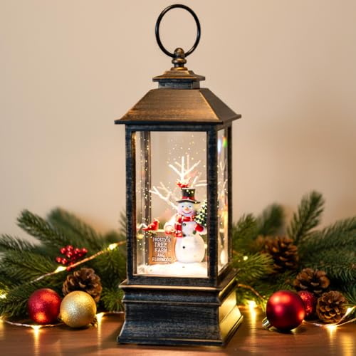 10" Christmas Snow Globe Lantern with Farm Snowman，Lighted Swirling Glittering Snow Globes with Music & Timer, Christmas Decorations for Home Tabletop Indoor
