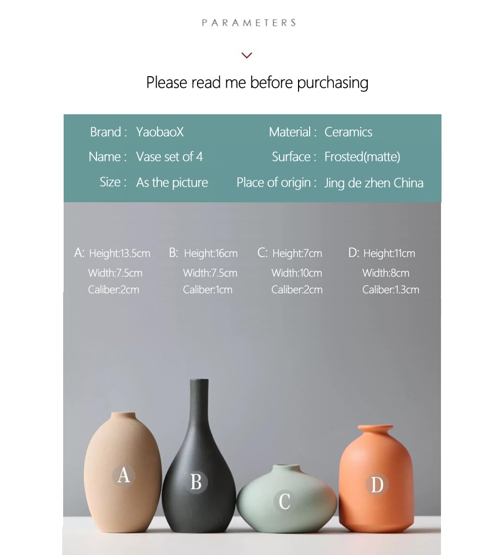 YAOBAOX Ceramic Vase Set of 4 with Dried Flowers Round Matte