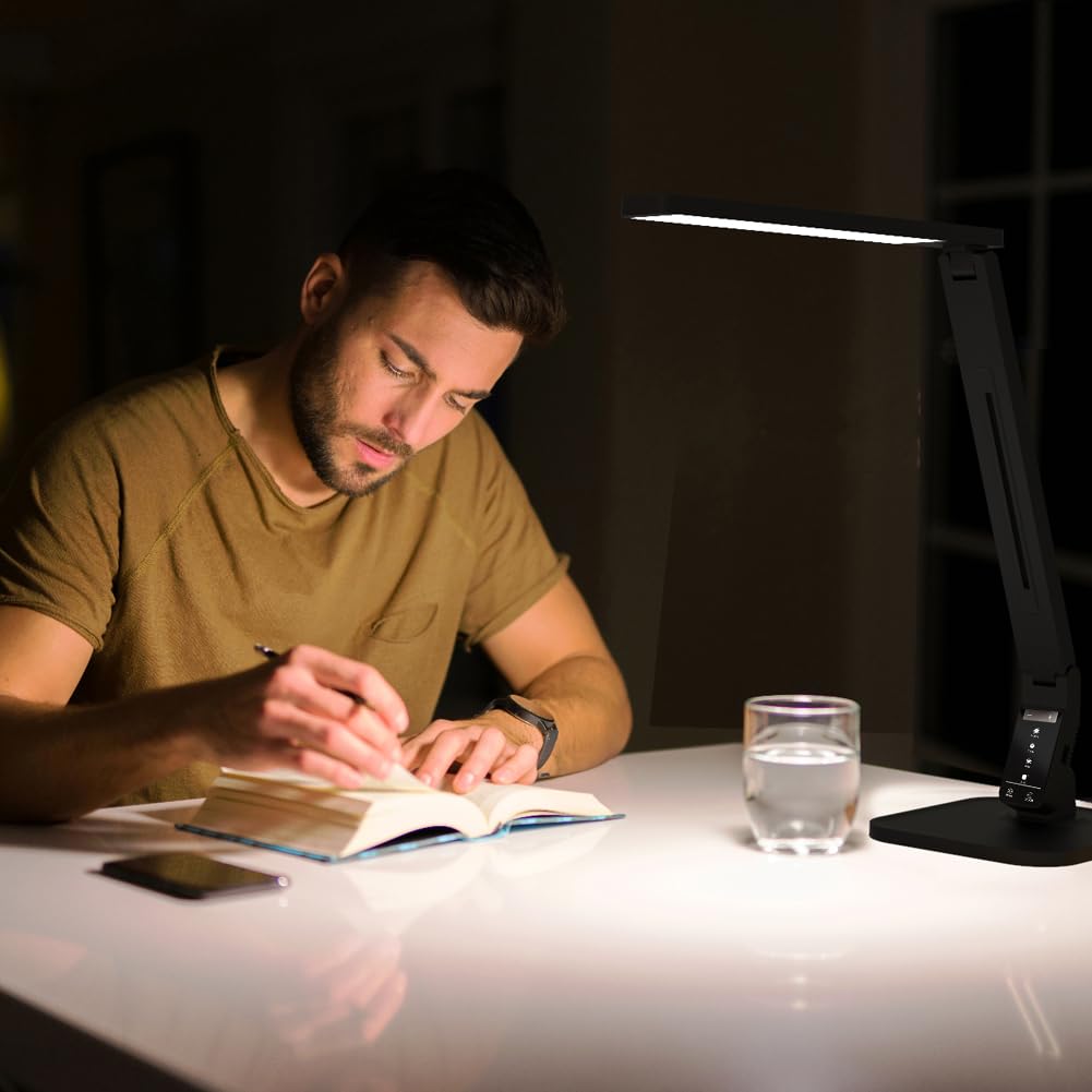 MAGIC LEAVES Desk Lamp, LED Dimmable Reading Light with Adjustable Lighting 5 Brightness Levels, 4 Light Colors and USB Charging Port Table Lamp (Piano Black)