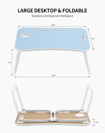 ZEAPTAC Laptop Bed Desk, Foldable Lap Desk, Portable Lap Table, Laptop Stand with Cup Holder & Tablet Slot & Lifting Handle for Working Writing Drawing & Eating - Blue