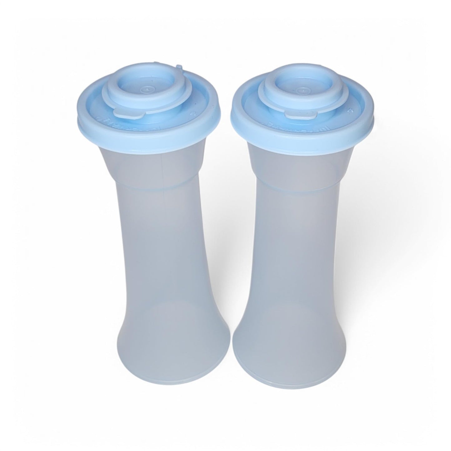 Tupperware Large Hourglass Salt and Pepper Shaker Set Sheer Ice Blue Containers with Ice Blue Seals