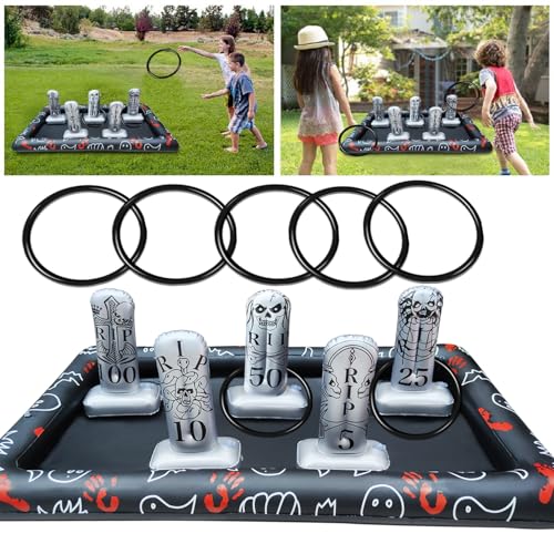 Upgraded Stability & Plastic Ring Giant Tombstone Ring Toss Games Halloween Party Game Favors for Kids Inflatable Game Halloween Party Decor Outdoor Carnival Game Classroom Indoor School Yard