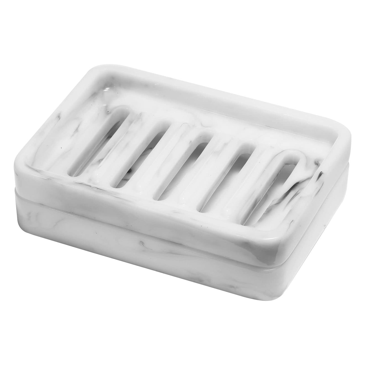 Shinowa Resin Soap Dish, Self-Draining Bar Soap Tray with Drainable Board, Dual Layer Sponge Holder for Bathroom Kitchen Shower Bathtub Sink Counter-top, Marble White