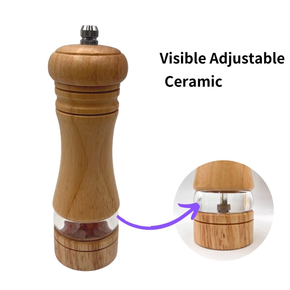 MASALACO Classic Salt and Pepper Grinder Set,Refillable Salt and Pepper Mills,Manual Oak Wood Salt Grinder,Pepper Grinder,Visible Adjustable Ceramic Grinding Rotor,2 Packs set 6.5 inch Each
