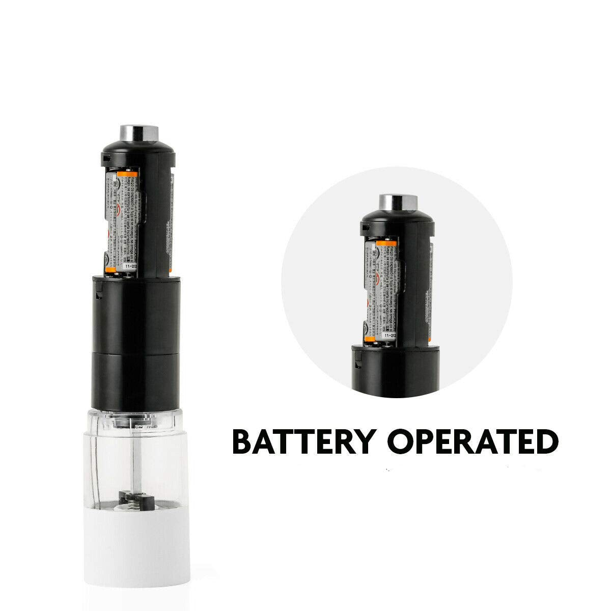 OVENTE Set of 2 Electric Salt & Pepper Mill Grinder, Battery Powered Stainless Steel Blades Automatic One Handed Operation with light and Adjustable Coarseness, Black and White SPD102BW