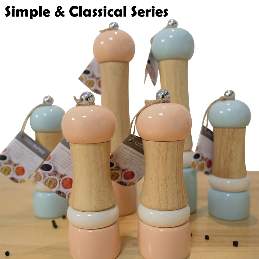 CASASUNCO Manual Salt and Pepper Grinder Set Salt & Pepper Mill Sets Wooden Salt Pepper Grinder Set Salt & Pepper Shakers Gift Set- Customized Coarseness - Ceramic Core - Blue+Peach (Set of 2, 6")