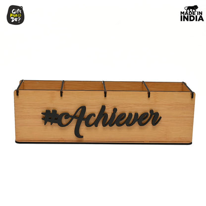 GKD Multifunctional Office Supplies Desk Organiser, 4 Compartment, Table Stationery Office Organizer, Motivational Gift for any Special Day, For Achiever (Bamboo)