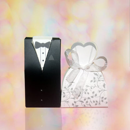 KAKABUQU 100 Pcs Wedding Favor Boxes - Romantic Party Cardboard Candy Boxes With Bride and Groom Dress Design for Chocolate Gifts, Bridal Shower Decoration Supplies