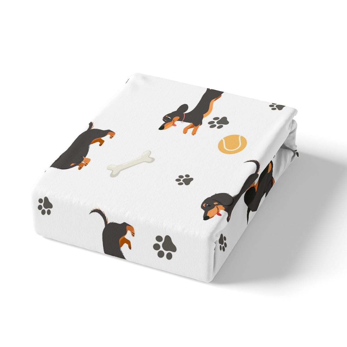 Castle Fairy Cute Dachshund Dog Fitted Sheet King Size,Ball Bones Paw Print Bed Sheet Set Bedroom Decor,House Pet Animal Themed Polyester Bedding Set(1 Fitted,1 Flat,2 Pillowcases)
