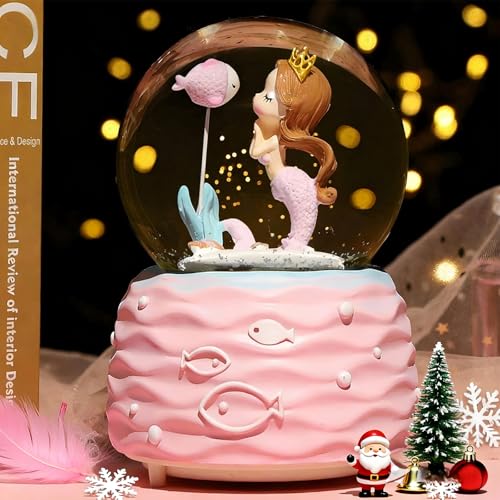 Snow Globes,Mermaid Snowglobes with Musical,LED Lights, Gifts for Little Girls,Birthday Christmas Festival Gift for 5-12 Year Old Girls (Pink)