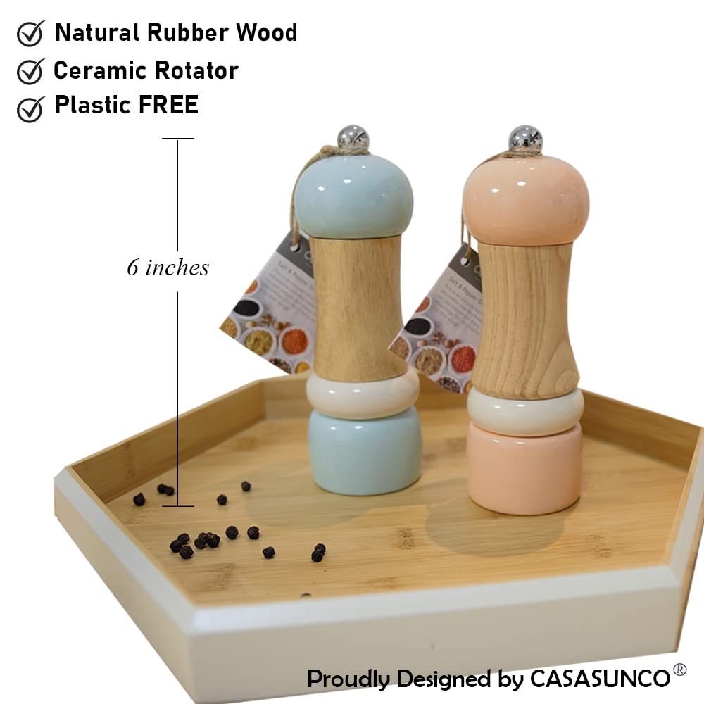 CASASUNCO Manual Salt and Pepper Grinder Set Salt & Pepper Mill Sets Wooden Salt Pepper Grinder Set Salt & Pepper Shakers Gift Set- Customized Coarseness - Ceramic Core - Blue+Peach (Set of 2, 6")