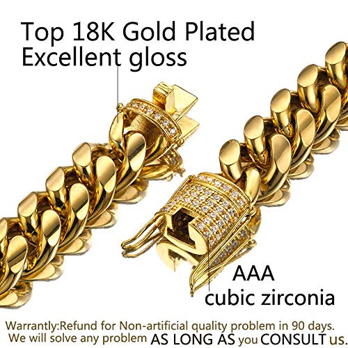 Jxlepe Mens Miami Cuban Link Chain 18K Gold 15mm Stainless Steel Curb Bracelet with cz Diamond Chain Choker (8.5, Bracelet)