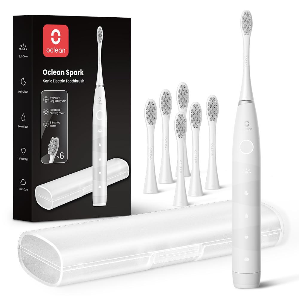 Oclean Electric Toothbrush for Adults, 150 Days Battery Life Electric Toothbrush, USB Rechargeable Sonic Travel Toothbrush with 6 Brush Heads & Travel Case, 5 Modes and Smart Timer