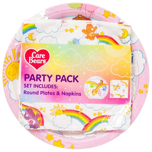 Silver Buffalo Care Bears Featuring Grumpy, Good Luck, Tenderheart, Love-A-Lot, Friend, Cheer, and Birthday 32 Pack Partyware Disposable Paper Plates and Napkins
