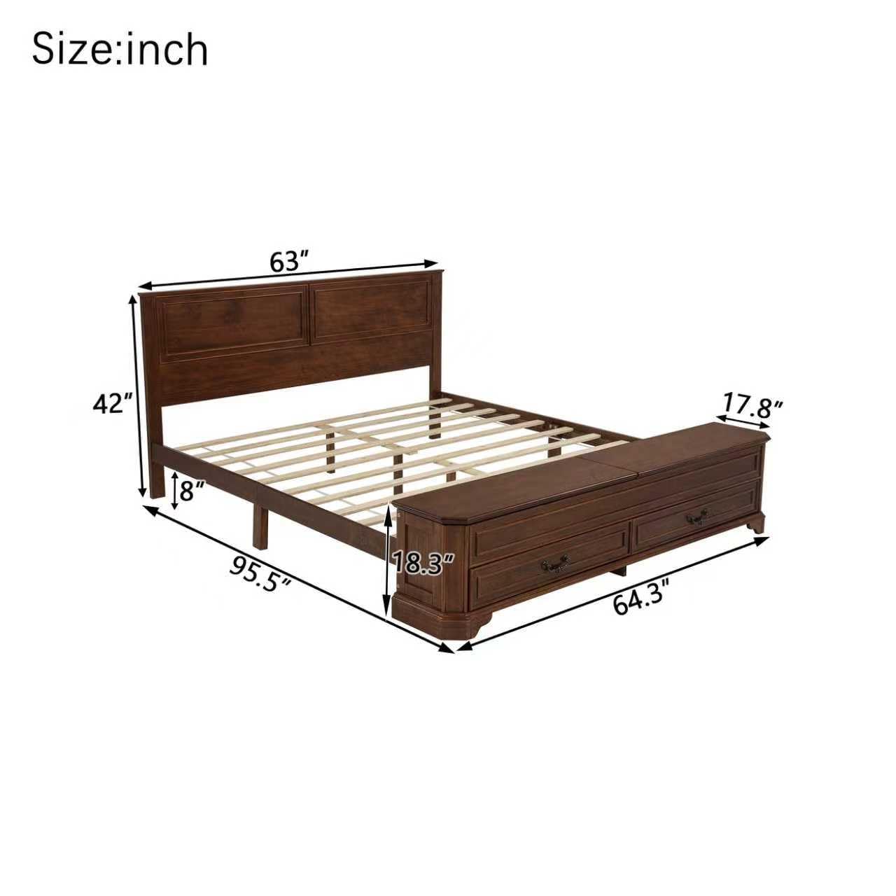Ball & Cast Farmhouse Queen Size Bed Frame with Tall Headboard and Storage Bench,Wood Platform Bed Frame Queen Size with with Storage Footboard & 2 Large Storage Drawers, No Box Spring Needed,Walnut