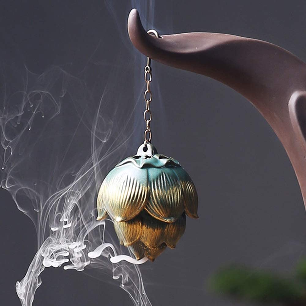 Primst Lotus Furnace Hollow Hanging Ball Incense Burner, Ceramic Backflow Incense Cones and Incense Coil Holder for Home Office Ornament Decoration