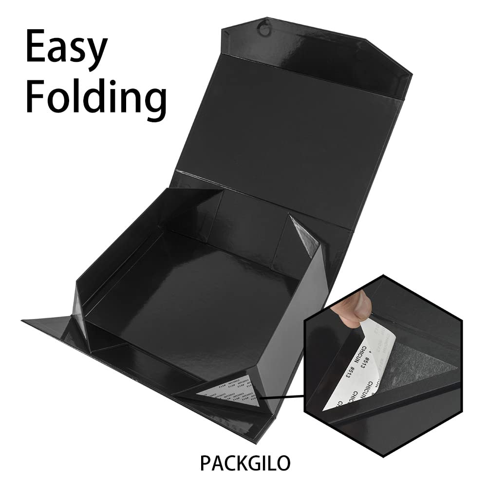 PACKGILO Black Extra Large Gift Box with Lid 2 Pcs 16.5 x 13 x 5.3 Inches, Gift Box large Black Gift Boxes for Presents Clothes Robe Wedding Dress Sweater,Reusable Foldable Bridesmaid Proposal Box（Glossy）