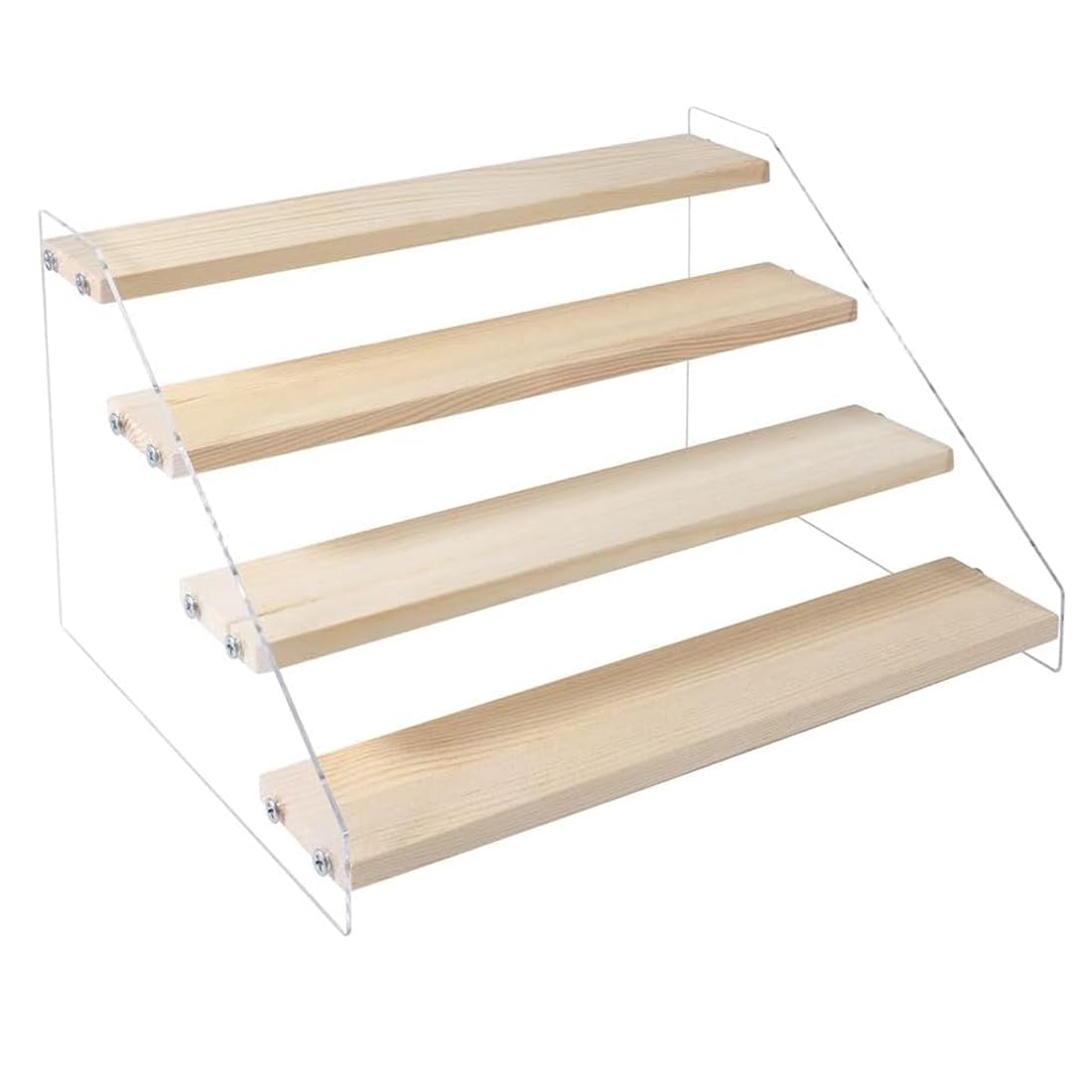 BeiHCain 2 Pack 4 Tier 12 Inch Acrylic Wooden Display Stand, Clear Acrylic Display Riser Shelf Wood Tiered Display Shelf Rack Step Ladder Riser Stands for Cupcakes Perfumes Figures Collectibles