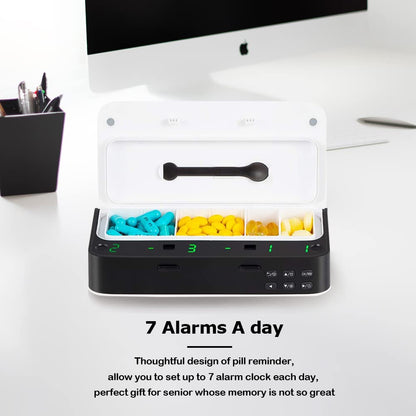 Pill Dispenser with Alarm, Daily Medicine Pill Organizer with up to 7 Alarms A Day,Smart Pill Box 6 Compartments, Christmas Thanksgiving Gift Pill Reminder for Elderly (Blue)
