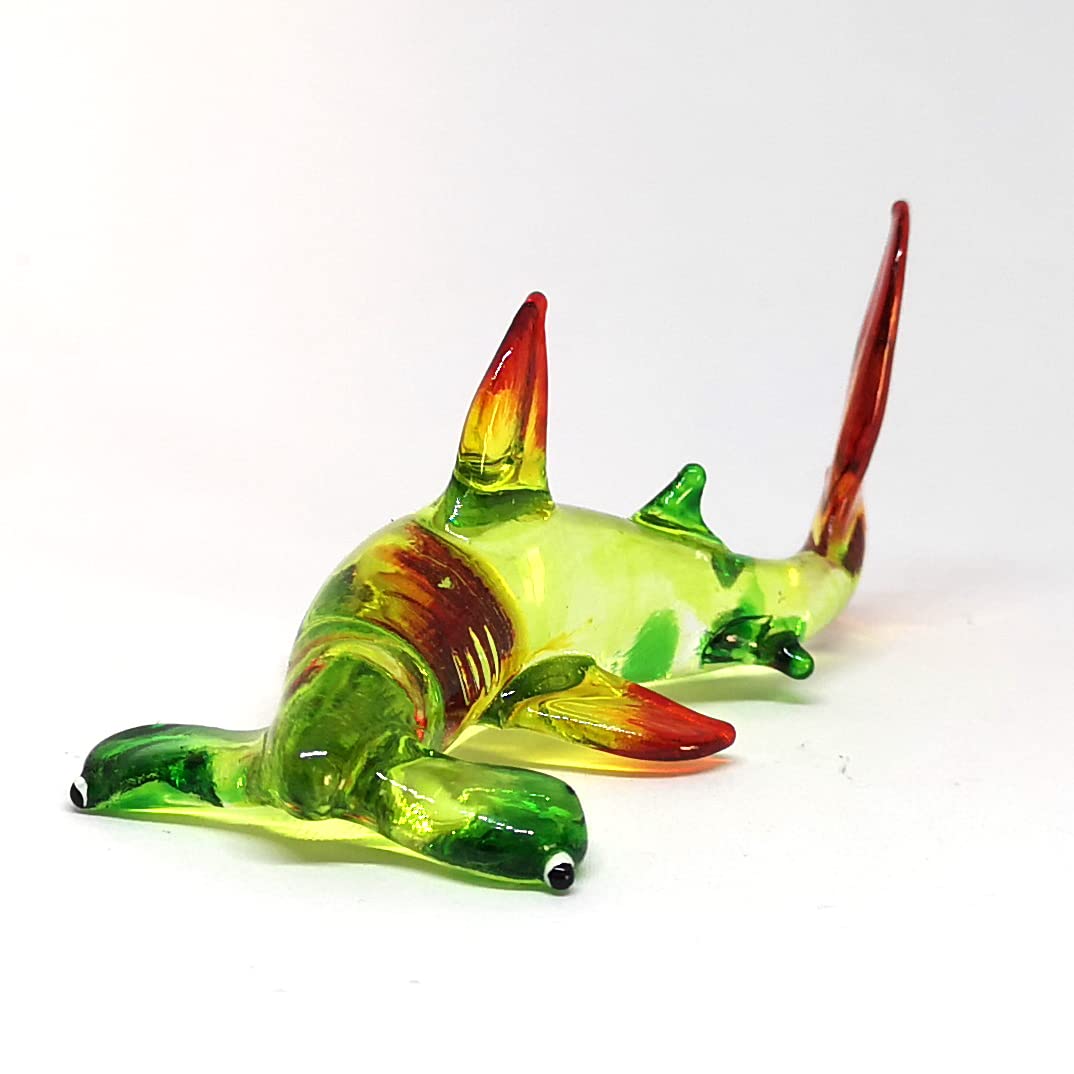 ZOOCRAFT Hammerhead Shark Figurine Blown Glass Green Sealife Collectible Miniature Aquarium Decor