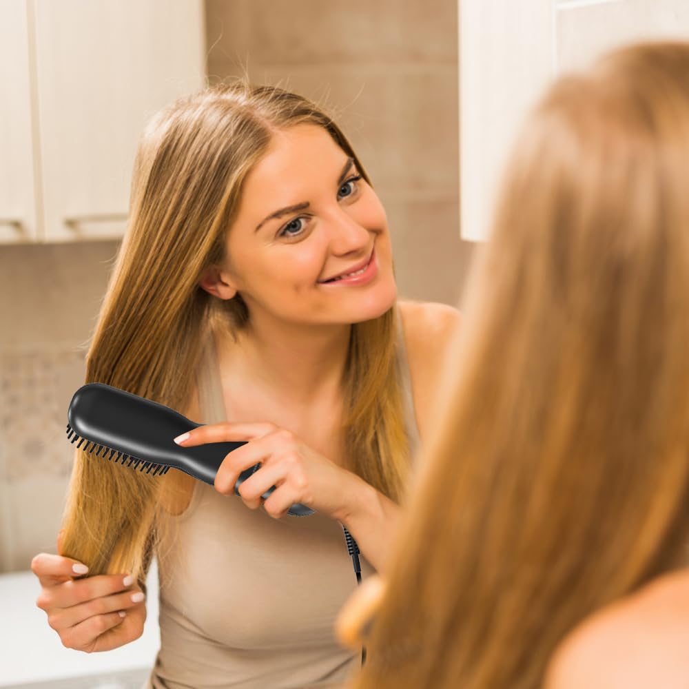 Hair Straightener Brush Dense Bristles Straightening Brush for Women Comb Quick Temperature Adjustment and Auto-Off Hair Accessories for Thick Curly Hair (Black)