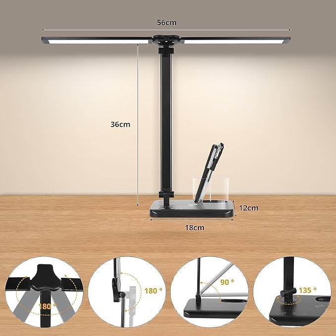 Woputne LED Desk Lamp with Dual Heads, 5 Color Modes & 10 Brightness Levels, Adjustable Reading Light for Home Office, Bedroom, Study, Craft (Black, Includes Adapter)