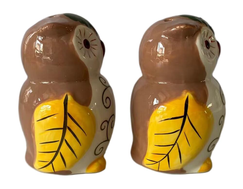 Ceramic Owl Salt and Pepper Shakers, 2-Piece Set | Spice Dispenser Storage Canisters - Brown