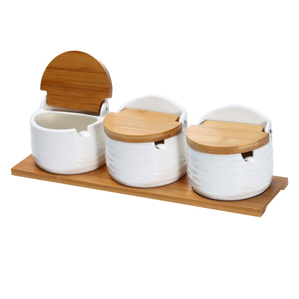 Ceramic Sugar Bowl with Bamboo Lids and Spoons Serving Tray, Porcelain Sugar Container for Sugar Tea Coffee Spice,Salt Condiment with Chalkboard Labels for Home Kitchen ,9.1 fl oz 270 ML,3PCS