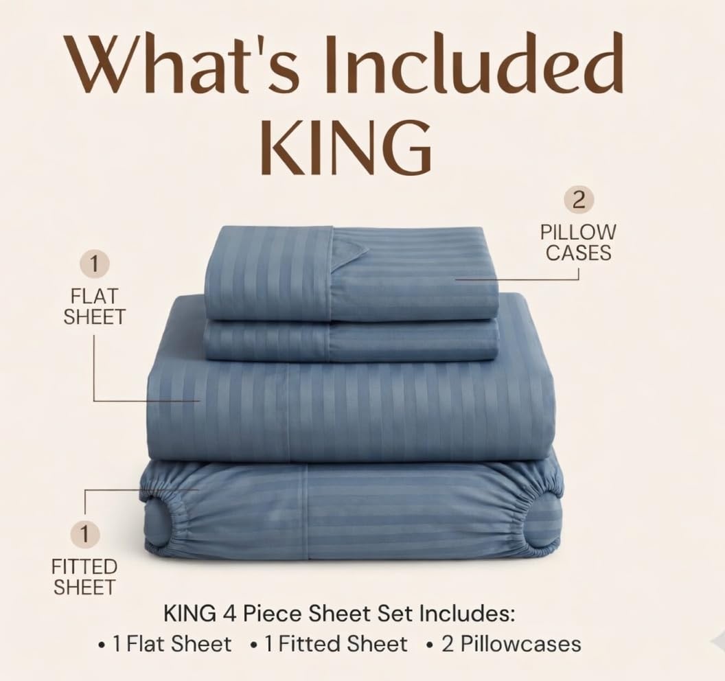 SHAC HOMES King Sheet Set 4 Piece – Oeko-TEX Certified, Soft Brushed Microfiber, Deep Pocket 8"–12", Wrinkle & Fade Resistant, Breathable Cooling Sheets, Hotel Dobby Stripe – Light Gray