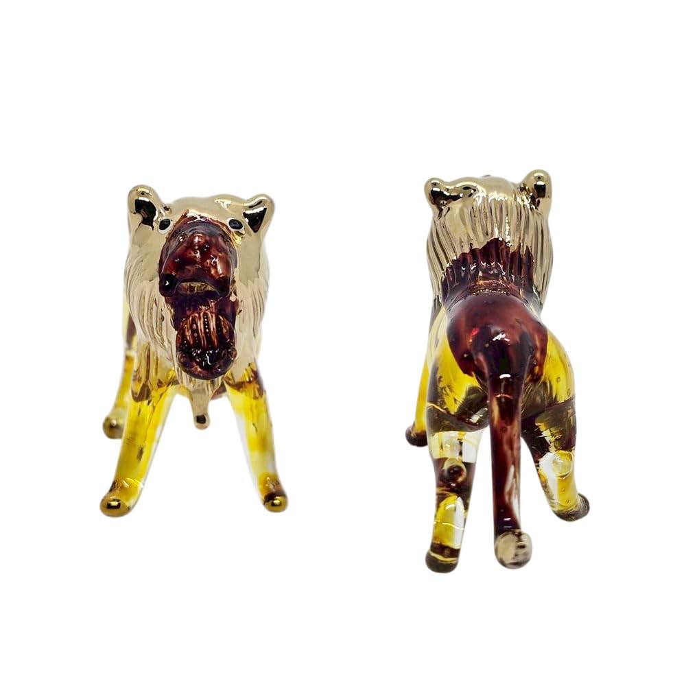Mr_air_thai_Glass_Blown Tiny 2¾" Yellow Brown Gold Roar Lion - Miniature Hand Blown Glass Tigers Lions Panthera Wild Cats Crystal Wildlife Animal Decorative Figures Collectible Figurines Décor Gifts