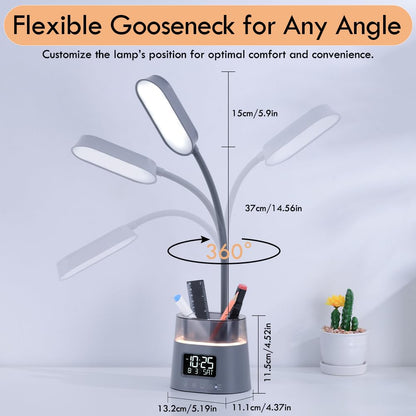 WILIT LED Desk Lamp for College Dorm Room Essentials, Students Study Lamp with USB Charging Port, Pen Holder, Clock & RGB Night Light, Office Desk Accessories, Table Lamp for Bedroom - Gray