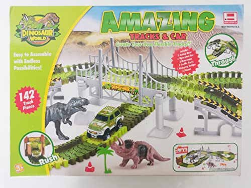 Dinosaur Toys for 3-7+ Year Old Boys Girls, Flexible Tracks Race Car Set, World Road Race Birthday Gift for Kids Aged 3-5