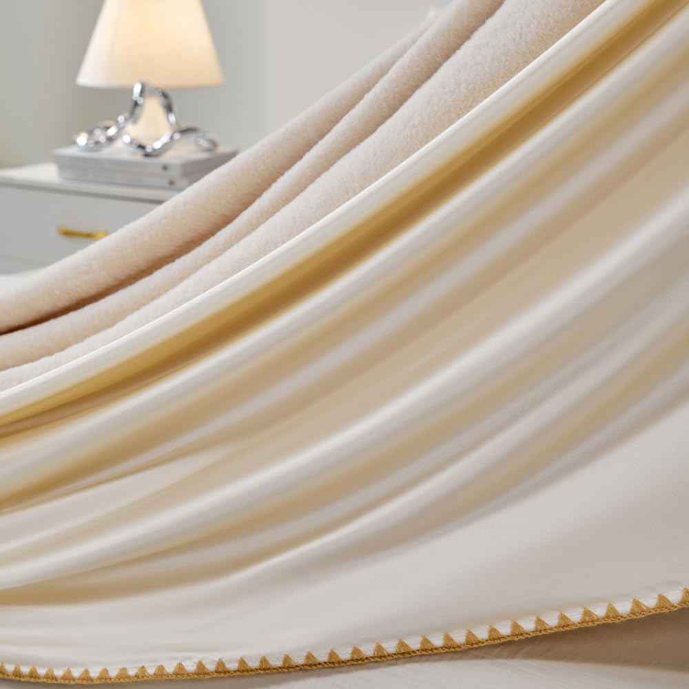 Double-Sided Usable,Ice Silk &Faux Fur Cooling Blanket,Lightweight,Soft Throw Blanket,Ideal for Couch and Bed,Suitable for All Seasons, for Women,Men (Beige&Apricot, 50 * 60)
