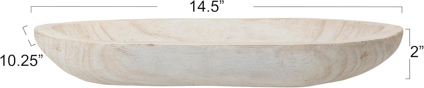 BOLTCORRSE Large Whitewashed Decorative Wood Bowl - Hand Carved Paulownia Tray for Coffee Table Centerpiece & Entryway Catchall - Organic Modern Farmhouse Decor